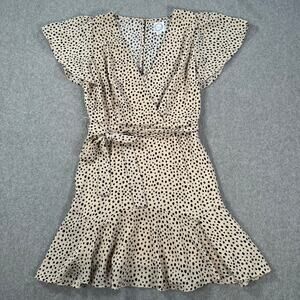 Blue Rain Spotted Mini Dress Size Small V-Neck Ruffle Hem Belted Flutter Sleeve